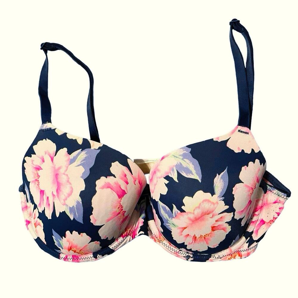 VS PINK Wear Everywhere Lightly Lined Roses Floral Bra Size 34D Navy Blue White